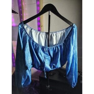 Blue Off Shoulder Crop‎ Top Long Sleeve Smocked Drawstring Boho Beach Vacation
